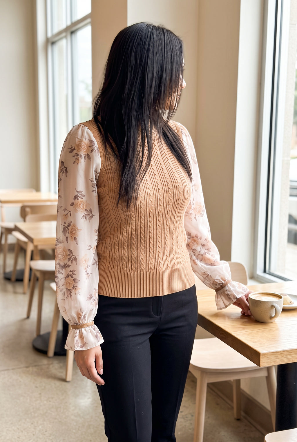 Wanna Be With You Knit Sweater Top styled with black trousers for polished café wear.