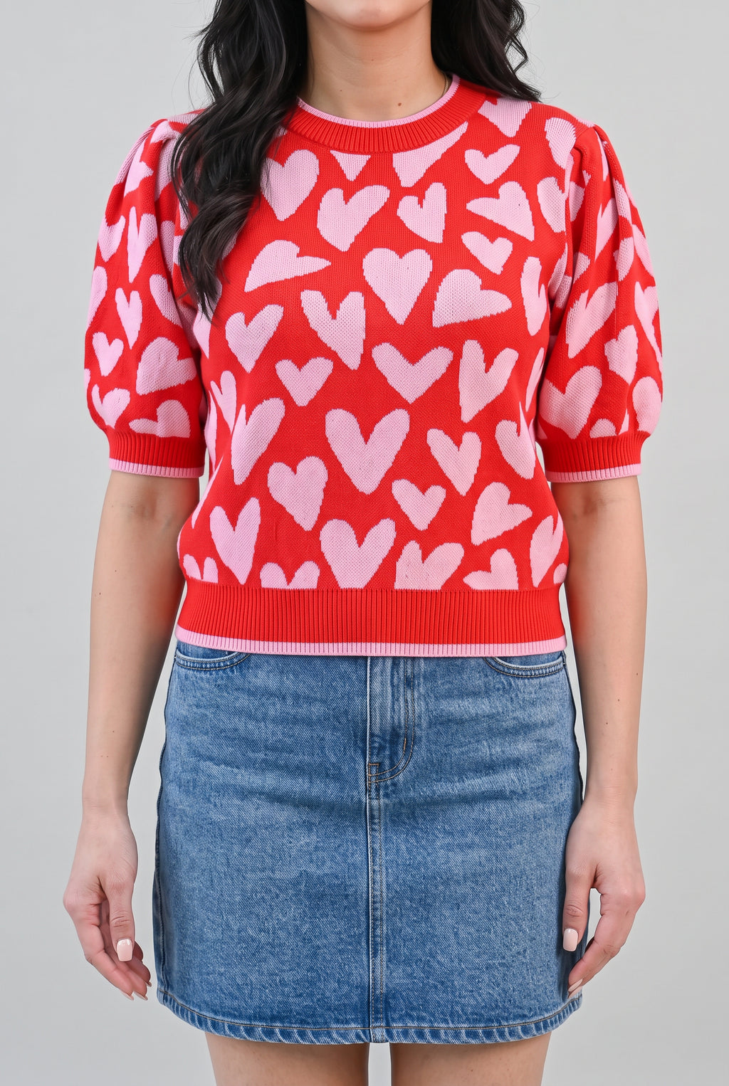 Front fit of the Love Knows All Puff Sleeve Sweater Top in Small, showing puff sleeves and high-hip hem.