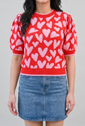 Front fit of the Love Knows All Puff Sleeve Sweater Top in Small, showing puff sleeves and high-hip hem.