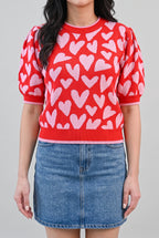 Front fit of the Love Knows All Puff Sleeve Sweater Top in Small, showing puff sleeves and high-hip hem.
