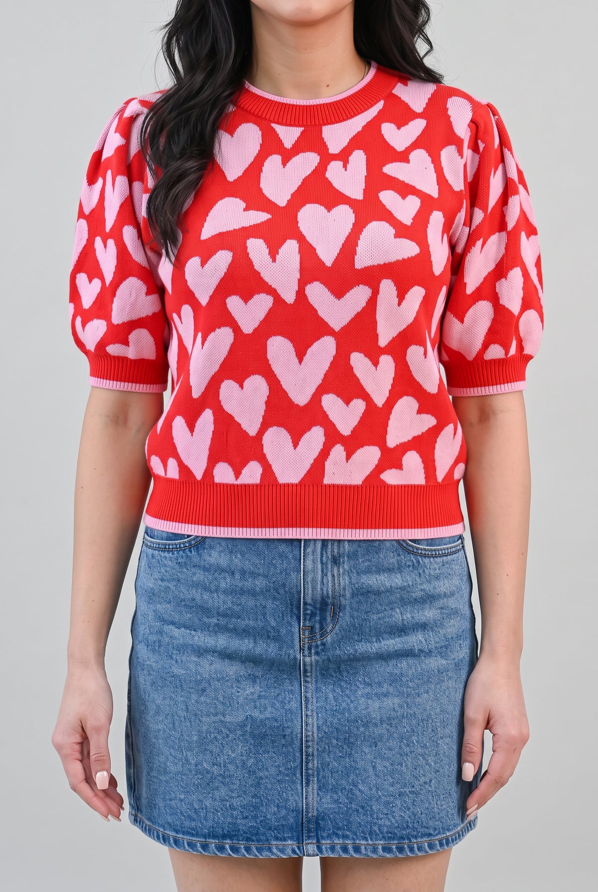 Front fit of the Love Knows All Puff Sleeve Sweater Top in Small, showing puff sleeves and high-hip hem.
