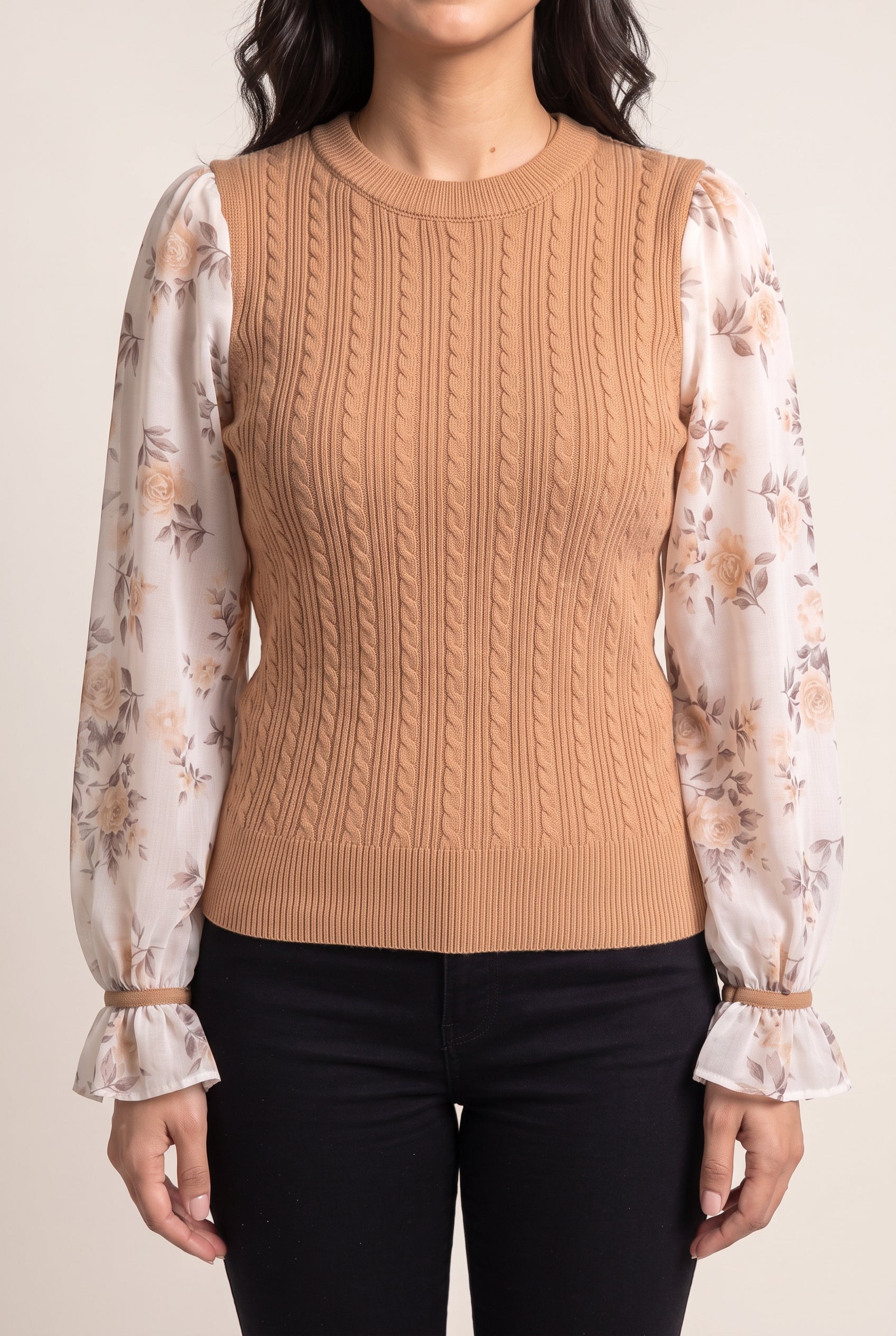 Front fit of the Wanna Be With You Knit Sweater Top showing its untucked length and balloon sleeves.