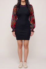 Front fit of You're My Favorite Sweater Dress in Small, showing its short hem and floral sheer sleeves.