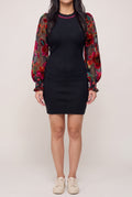 Front fit of You're My Favorite Sweater Dress in Small, showing its short hem and floral sheer sleeves.