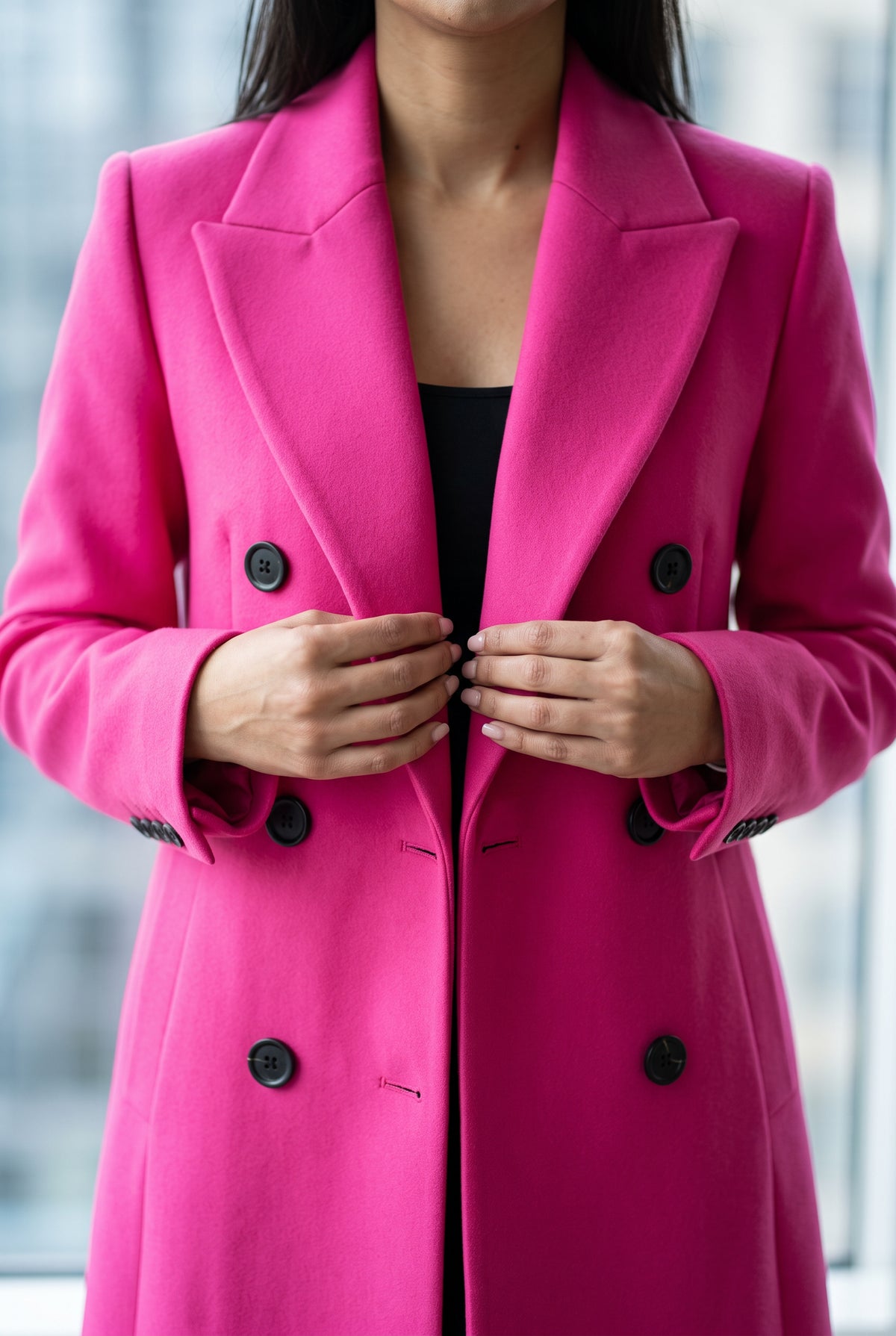 Close view of the pink coat fabric, peak lapels, buttonholes and black four-hole buttons.