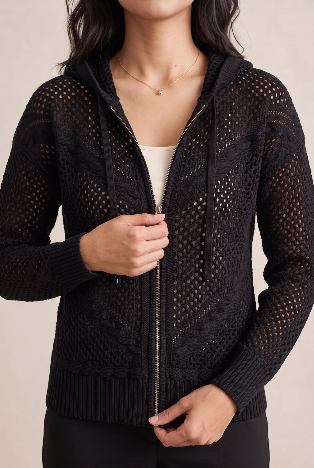 Got My Reasons Crochet Zip Hoodie in Small with the silver front zipper being fastened.