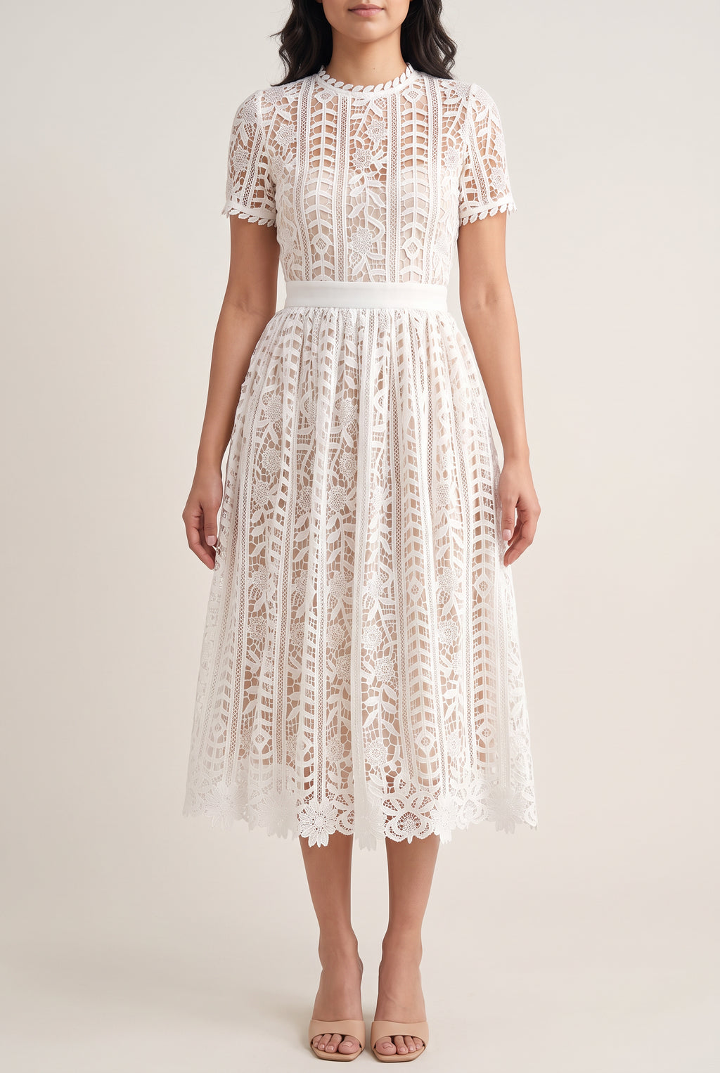 Front view of Sunset Stroll white lace midi dress in Small showing lining coverage and A-line shape.