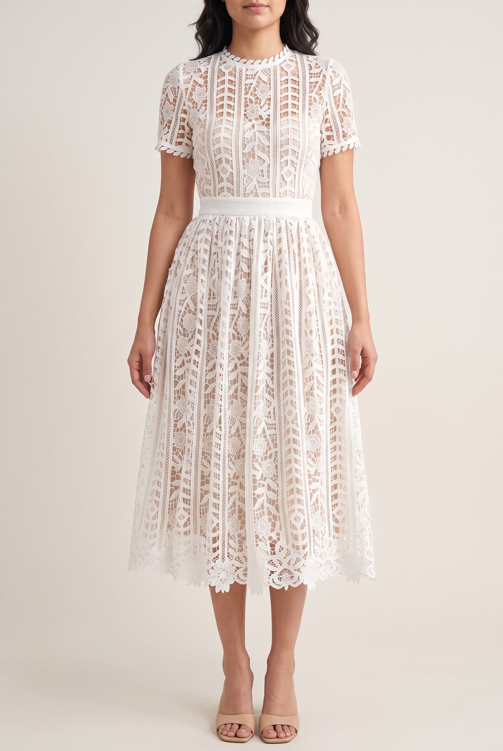 Front view of Sunset Stroll white lace midi dress in Small showing lining coverage and A-line shape.