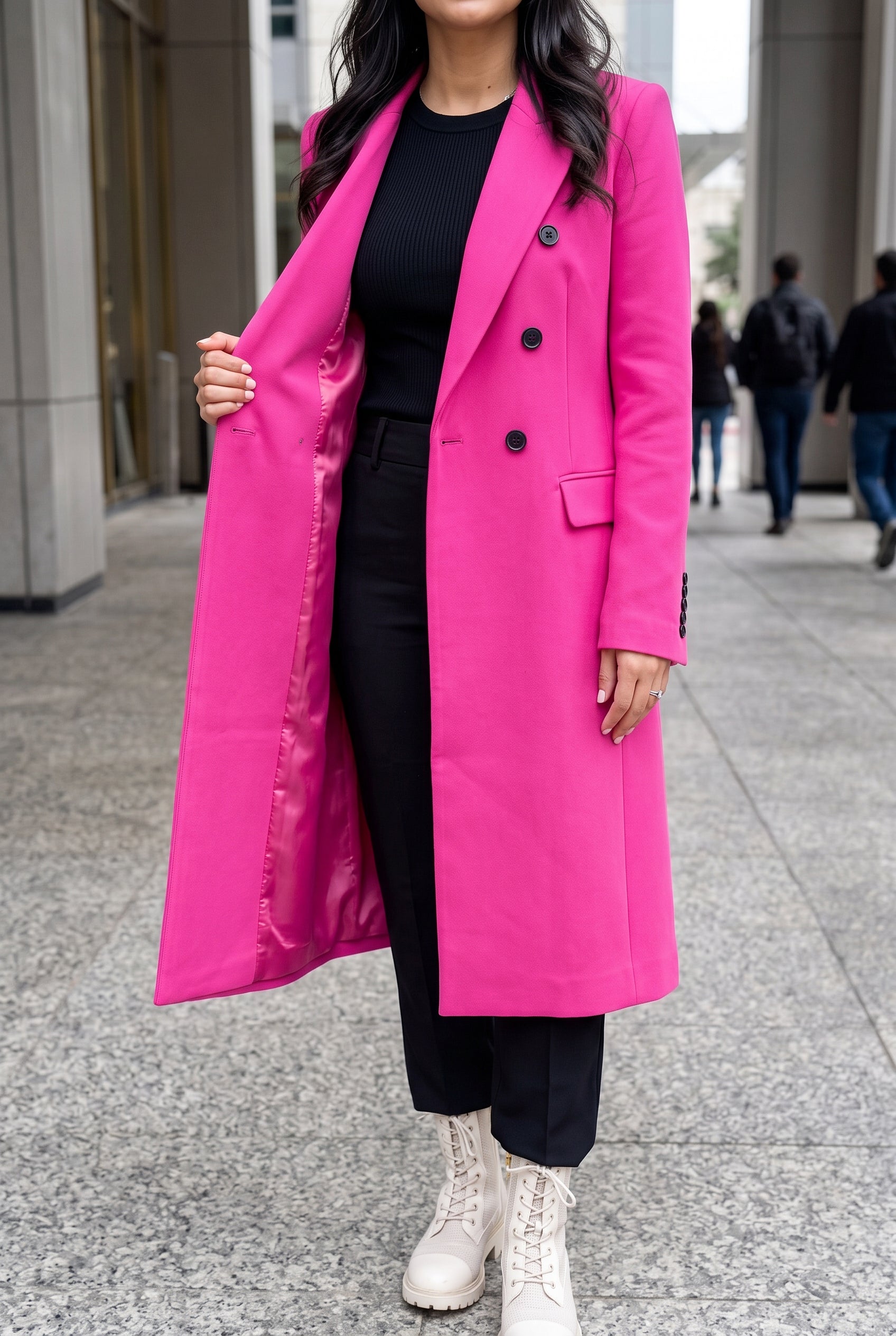 Open hot pink coat showing its tonal lining, front facing and interior construction.