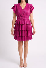 Front fit of Dress To Impress Tiered Midi in Small Magenta, showing the V-neck, waist and short hem.