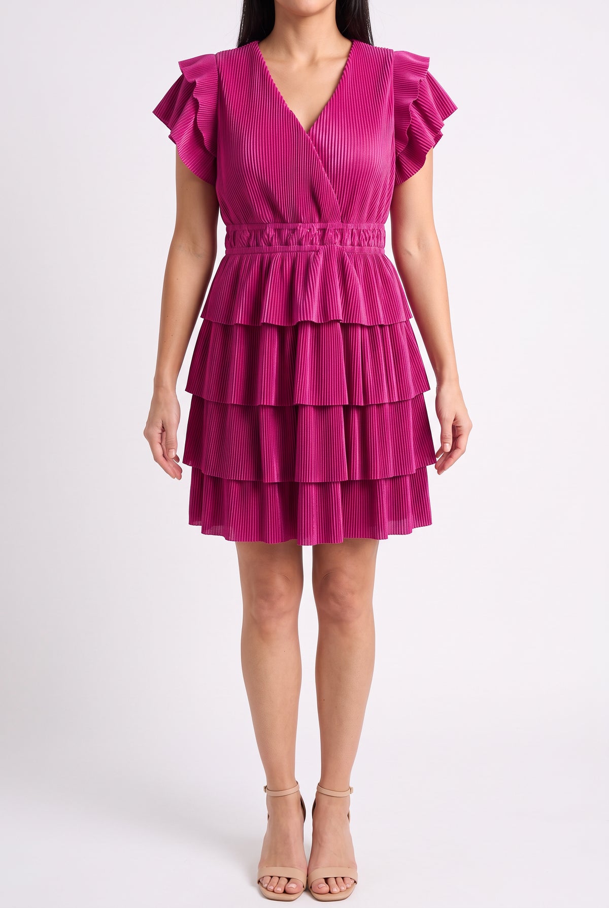 Front fit of Dress To Impress Tiered Midi in Small Magenta, showing the V-neck, waist and short hem.