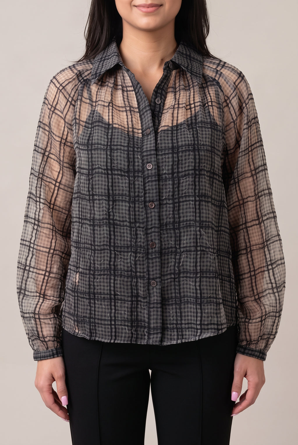 Front fit of the Just Looking sheer plaid blouse in Small Black over a separate ivory camisole.