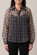 Front fit of the Just Looking sheer plaid blouse in Small Black over a separate ivory camisole.