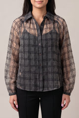 Front fit of the Just Looking sheer plaid blouse in Small Black over a separate ivory camisole.