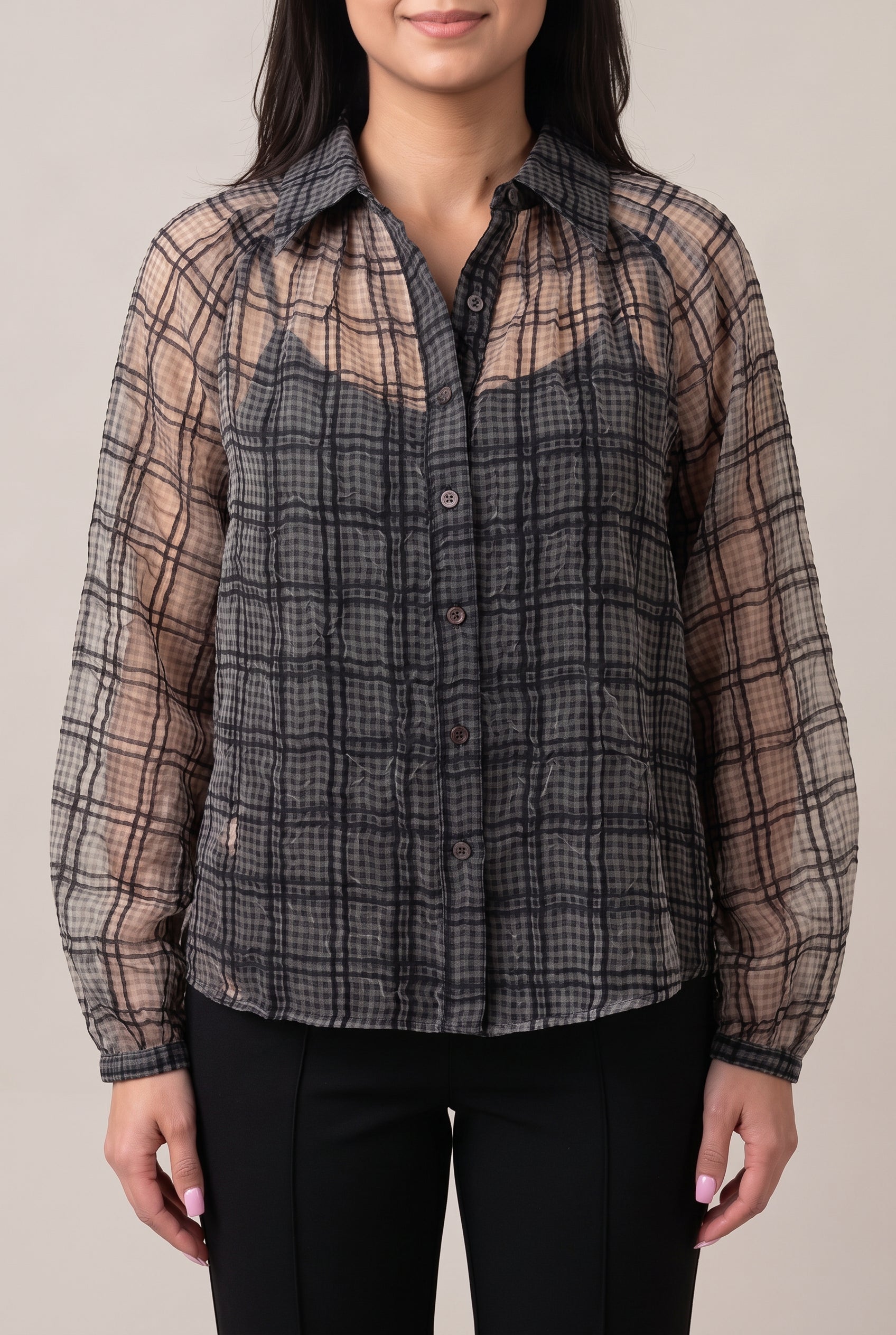 Front fit of the Just Looking sheer plaid blouse in Small Black over a separate ivory camisole.