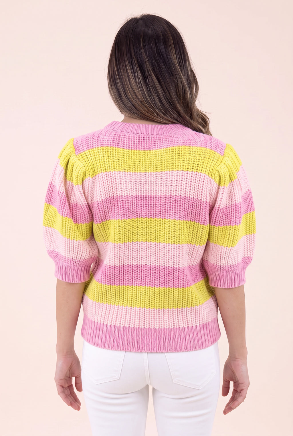 Back fit of Share Your Story Sweater Top in Small showing continuous stripes and the ribbed hem.