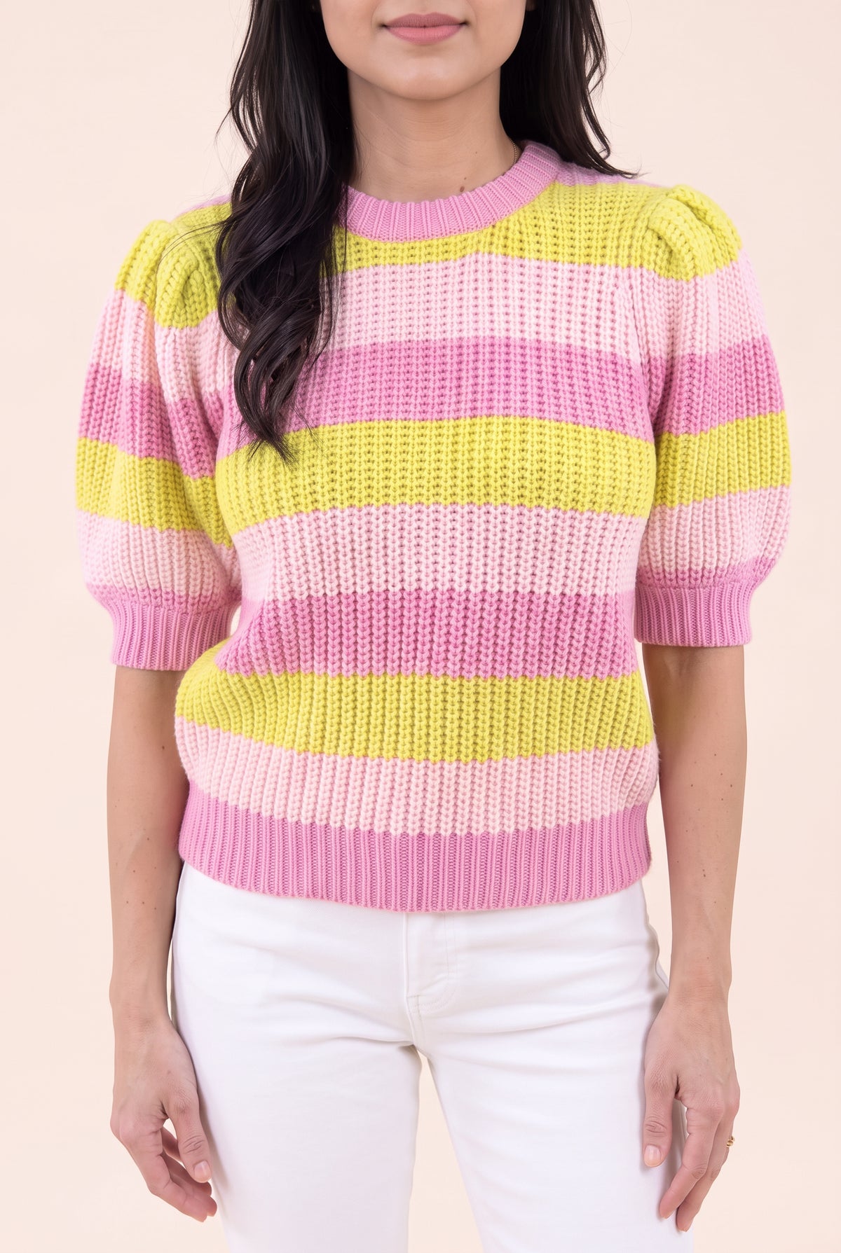 Front fit of Share Your Story Sweater Top in Small showing puff sleeves and the pink ribbed hem.