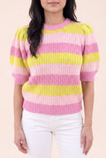 Front fit of Share Your Story Sweater Top in Small showing puff sleeves and the pink ribbed hem.