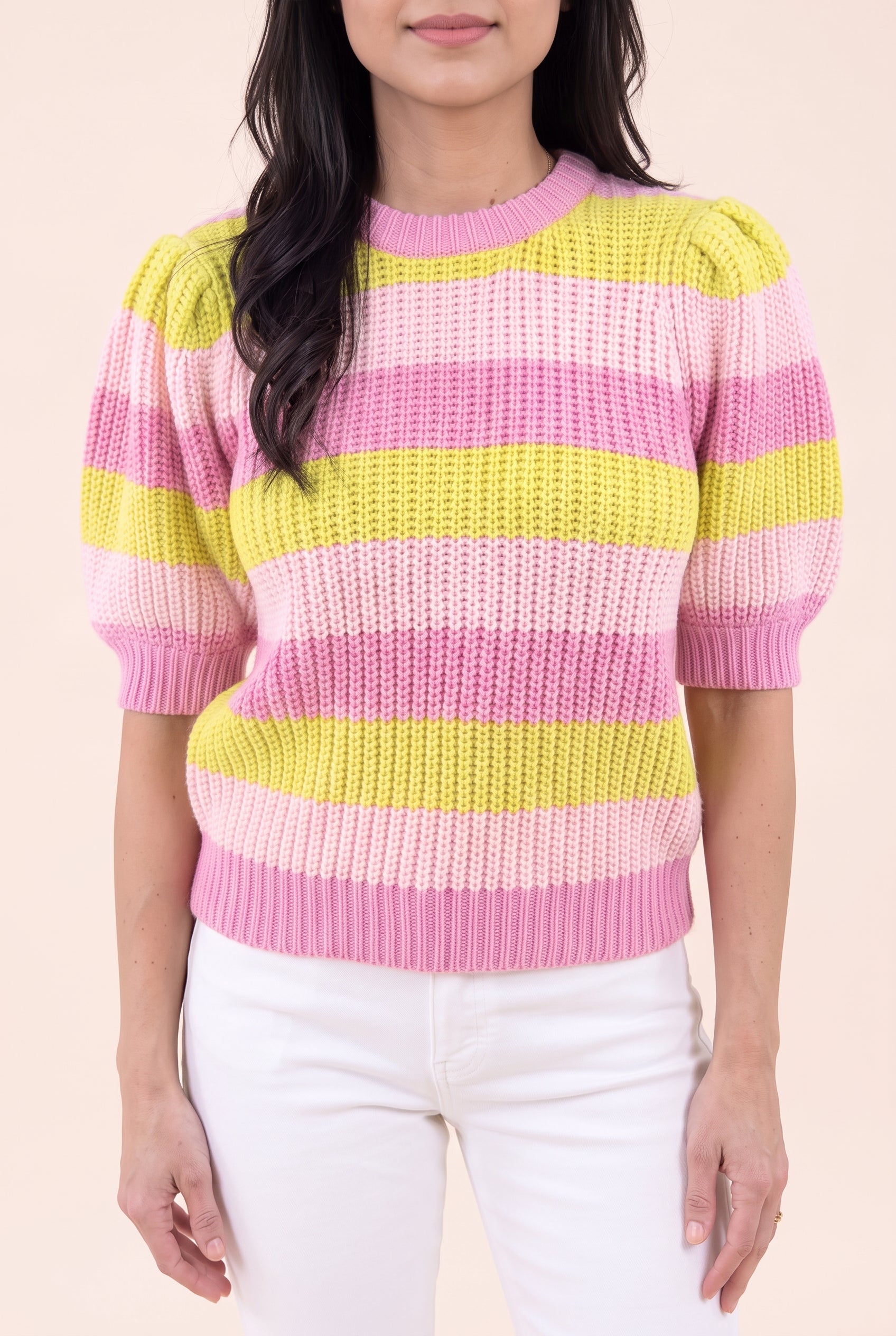 Front fit of Share Your Story Sweater Top in Small showing puff sleeves and the pink ribbed hem.