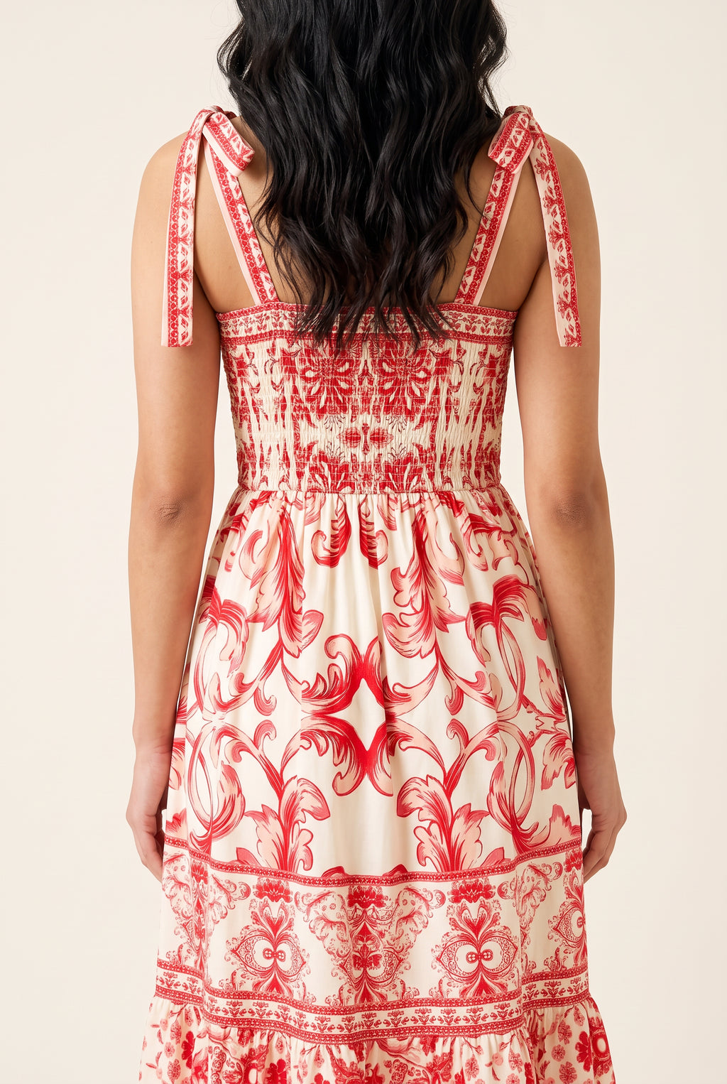 Back of the For Another Time Maxi Dress showing the low neckline and shirred bodice panel.