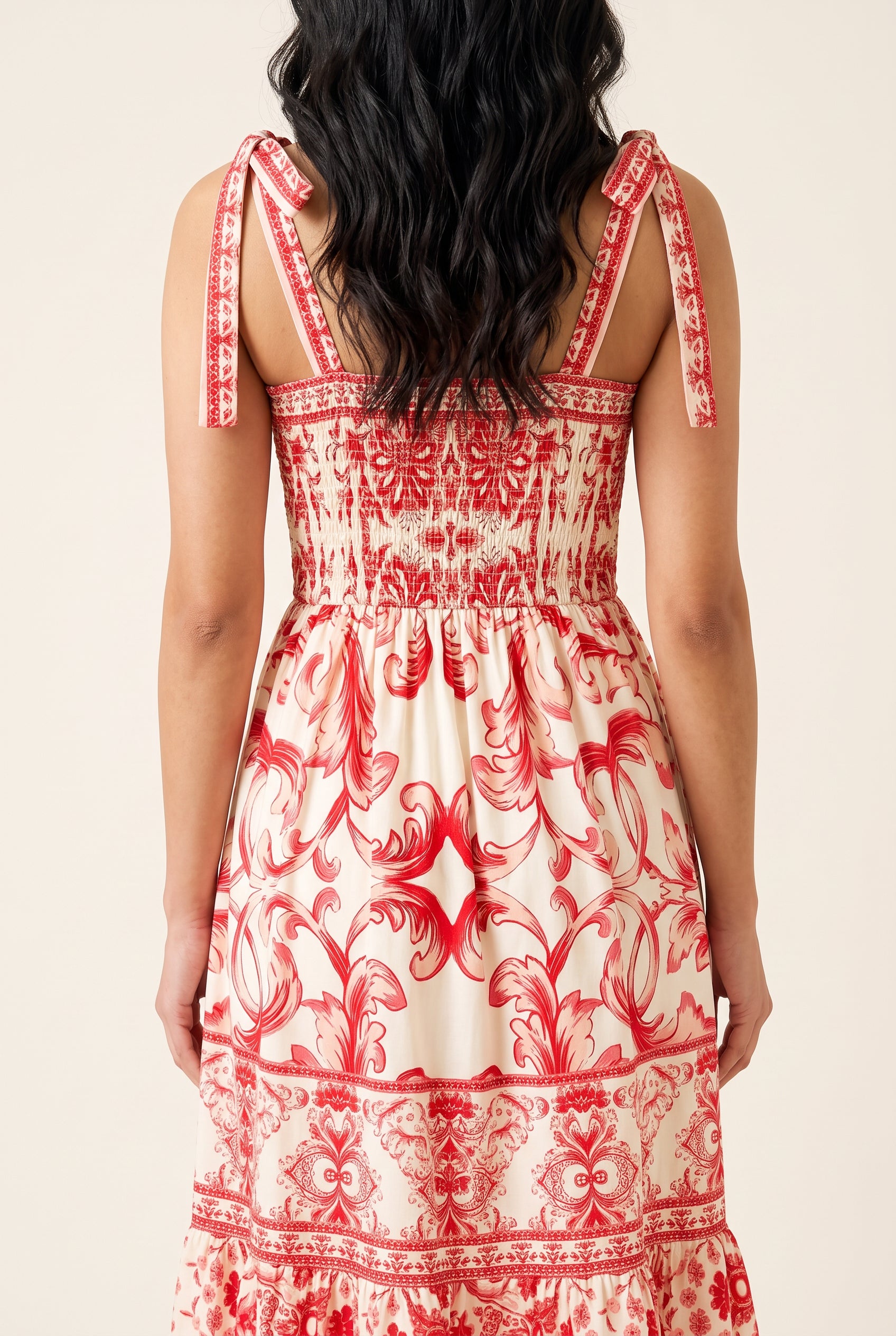 Back of the For Another Time Maxi Dress showing the low neckline and shirred bodice panel.