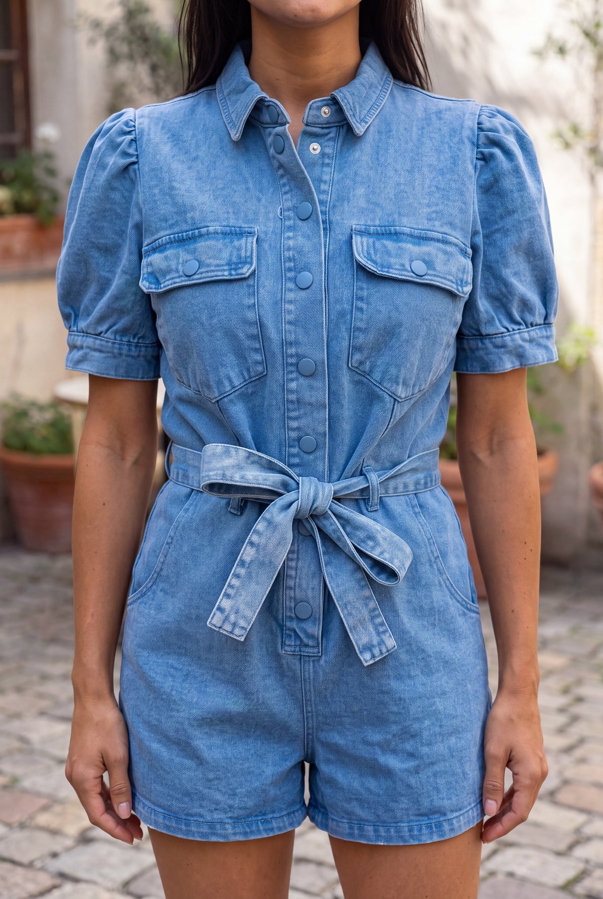 Close detail of the romper's washed denim twill, covered snap, pocket flap and topstitching.