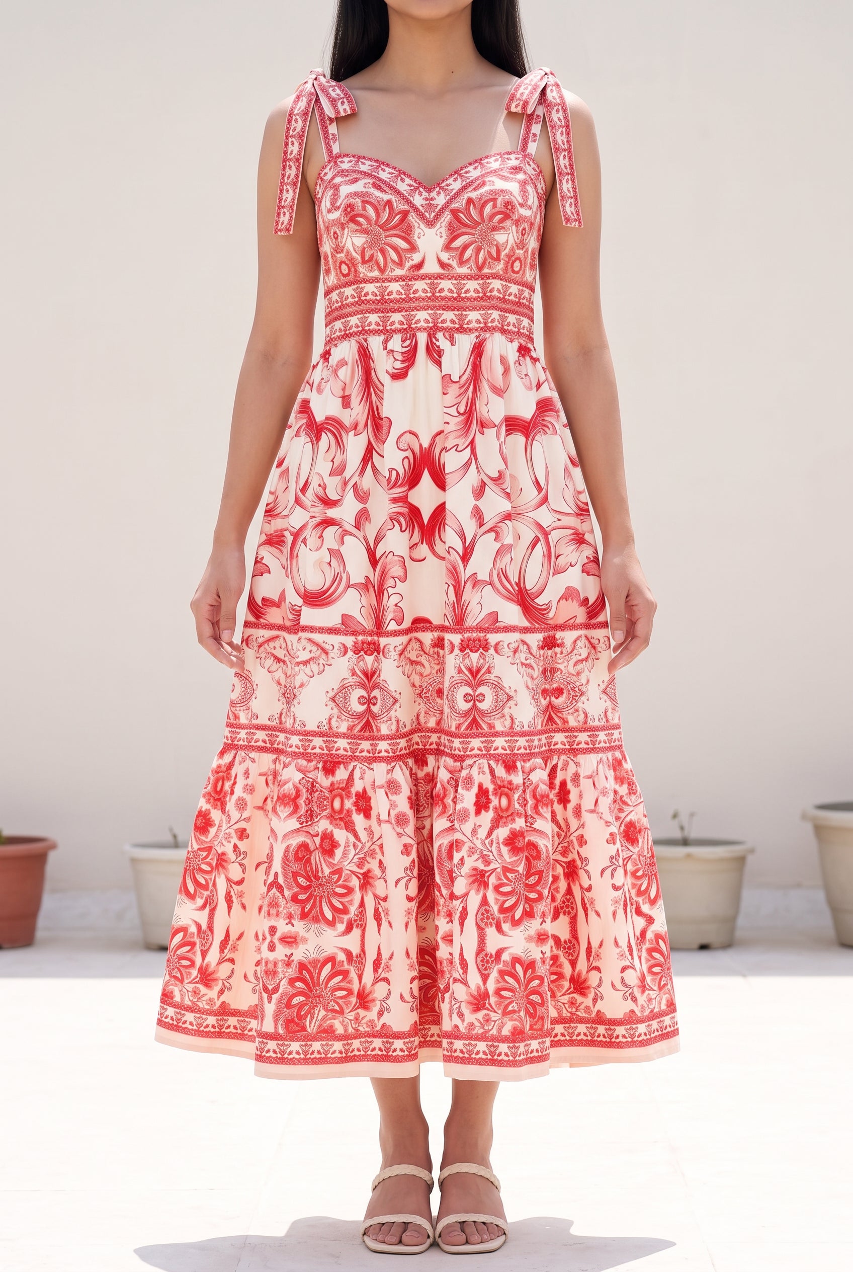Backlit daylight view of the For Another Time Maxi Dress showing coverage through the pale printed skirt.