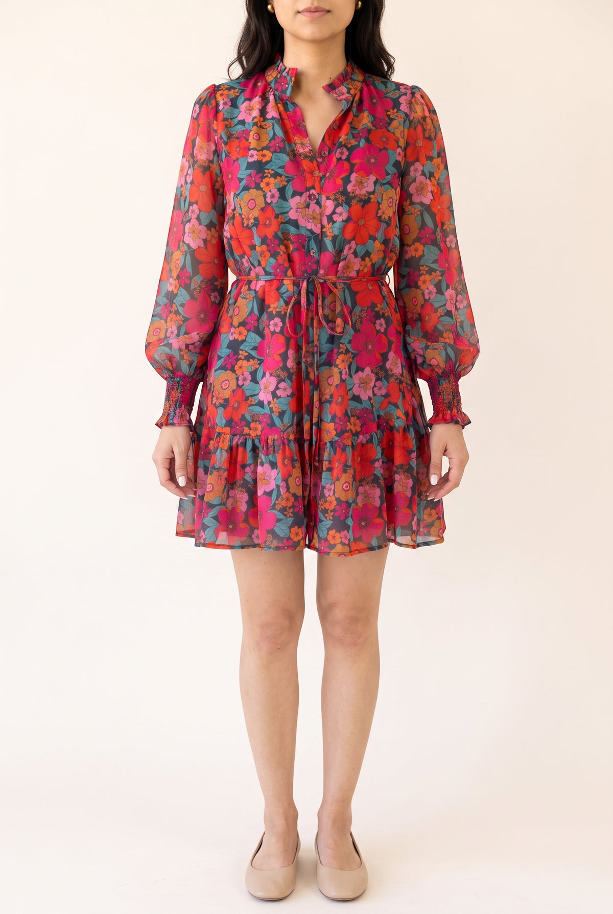 Front fit of the Only If You Knew Floral Dress in Small, showing the tied waist and mini length.
