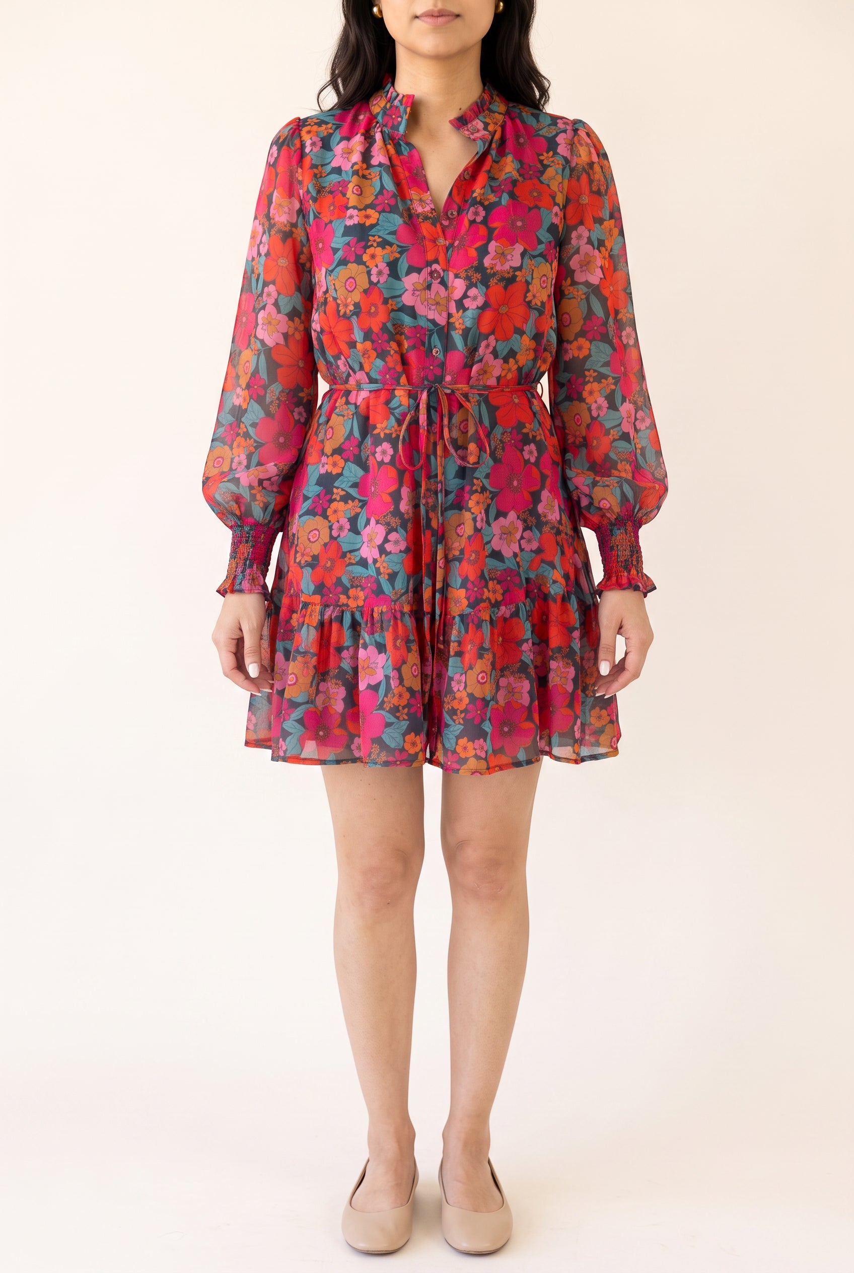 Front fit of the Only If You Knew Floral Dress in Small, showing the tied waist and mini length.