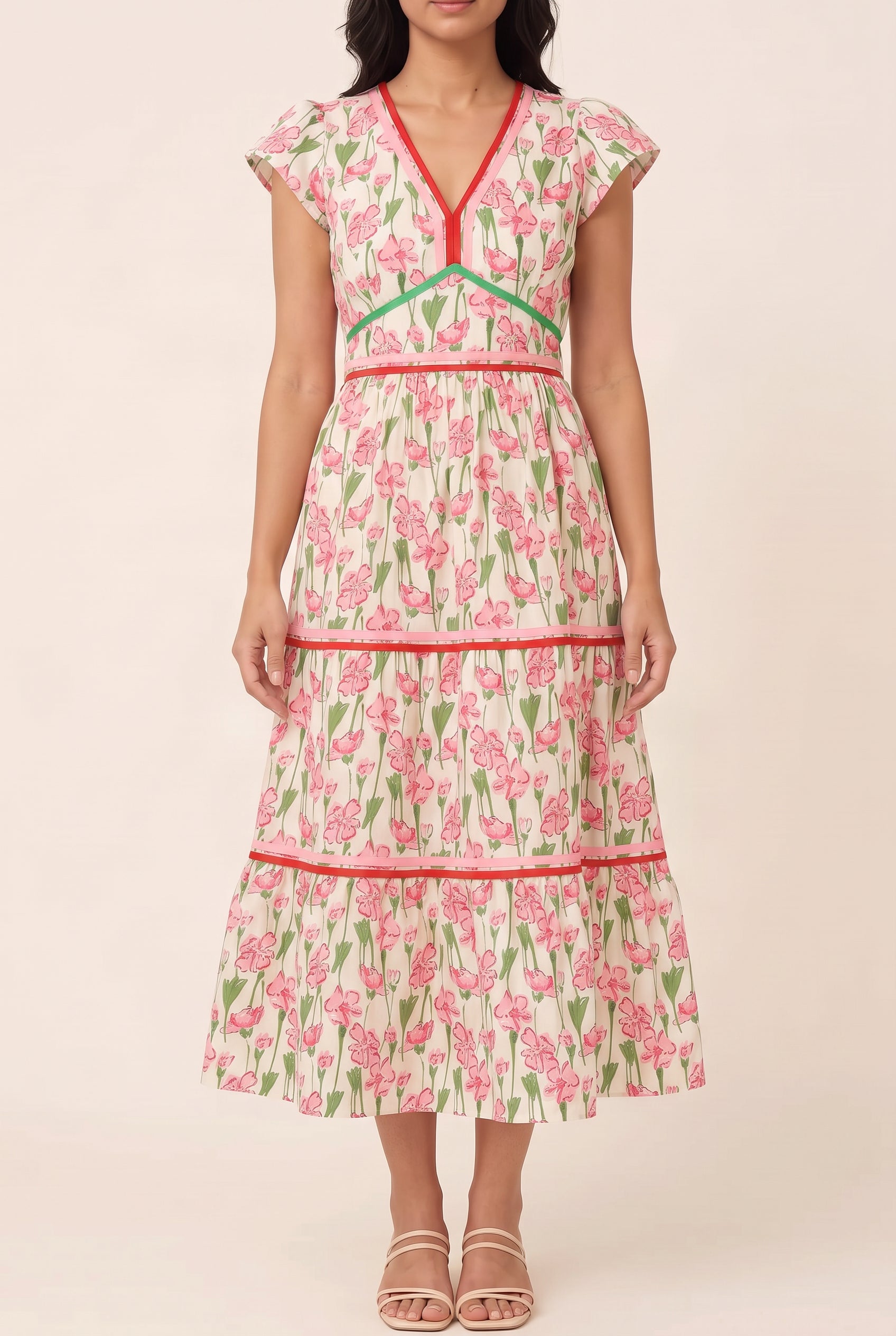 Front fit of the One Day At A Time floral poplin tiered dress in Small on Shweta.
