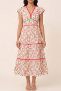 Front fit of the One Day At A Time floral poplin tiered dress in Small on Shweta.