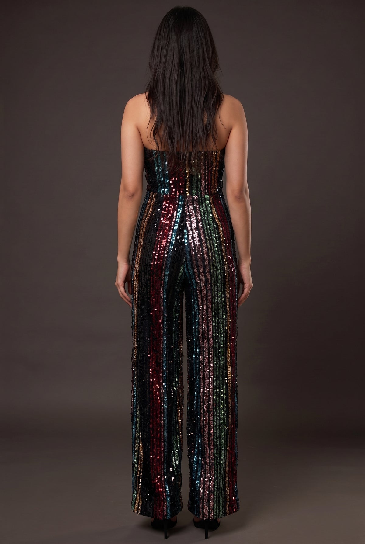 Back fit of the Don't Start Now multicolor sequin jumpsuit in Small on Shweta.