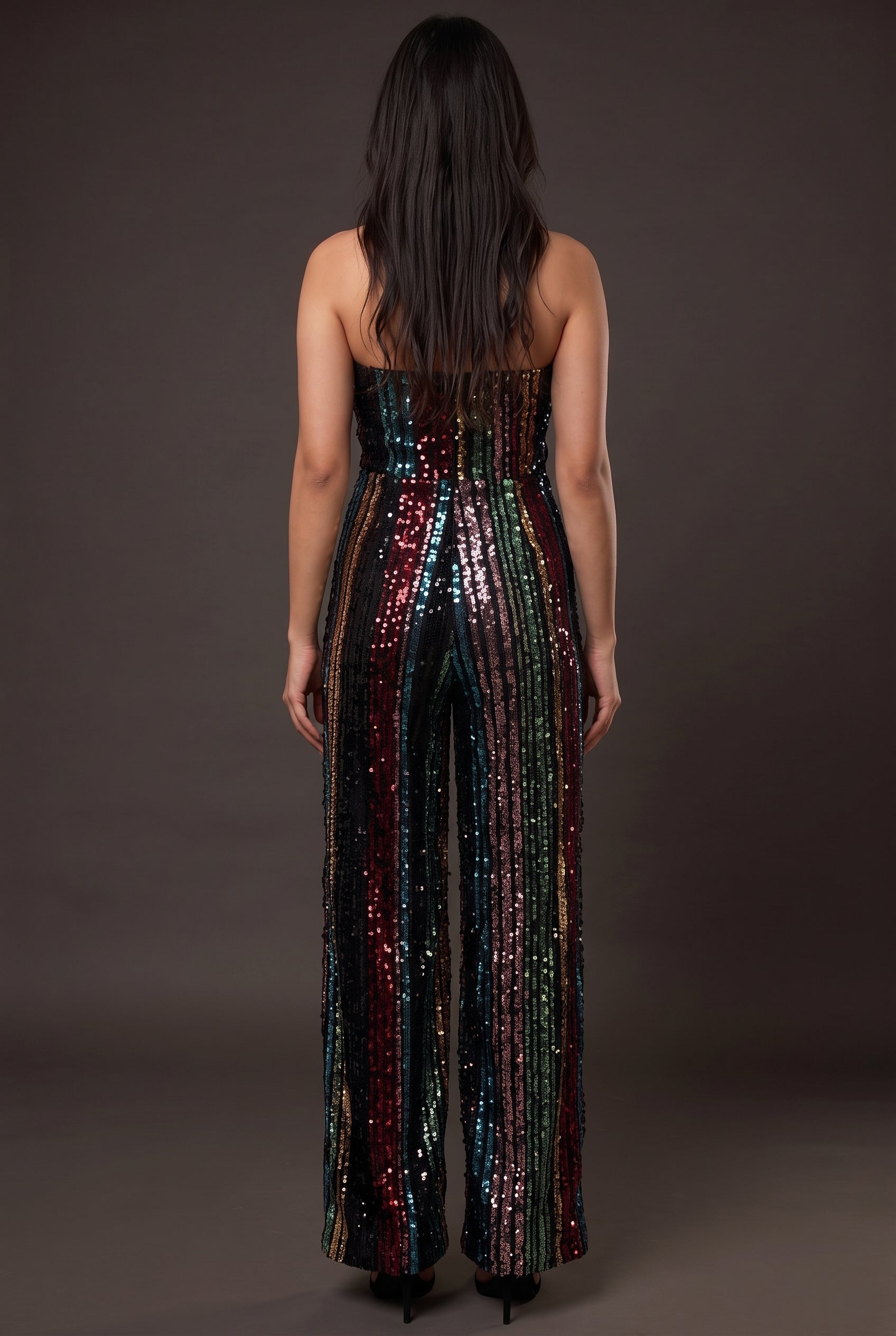 Back fit of the Don't Start Now multicolor sequin jumpsuit in Small on Shweta.