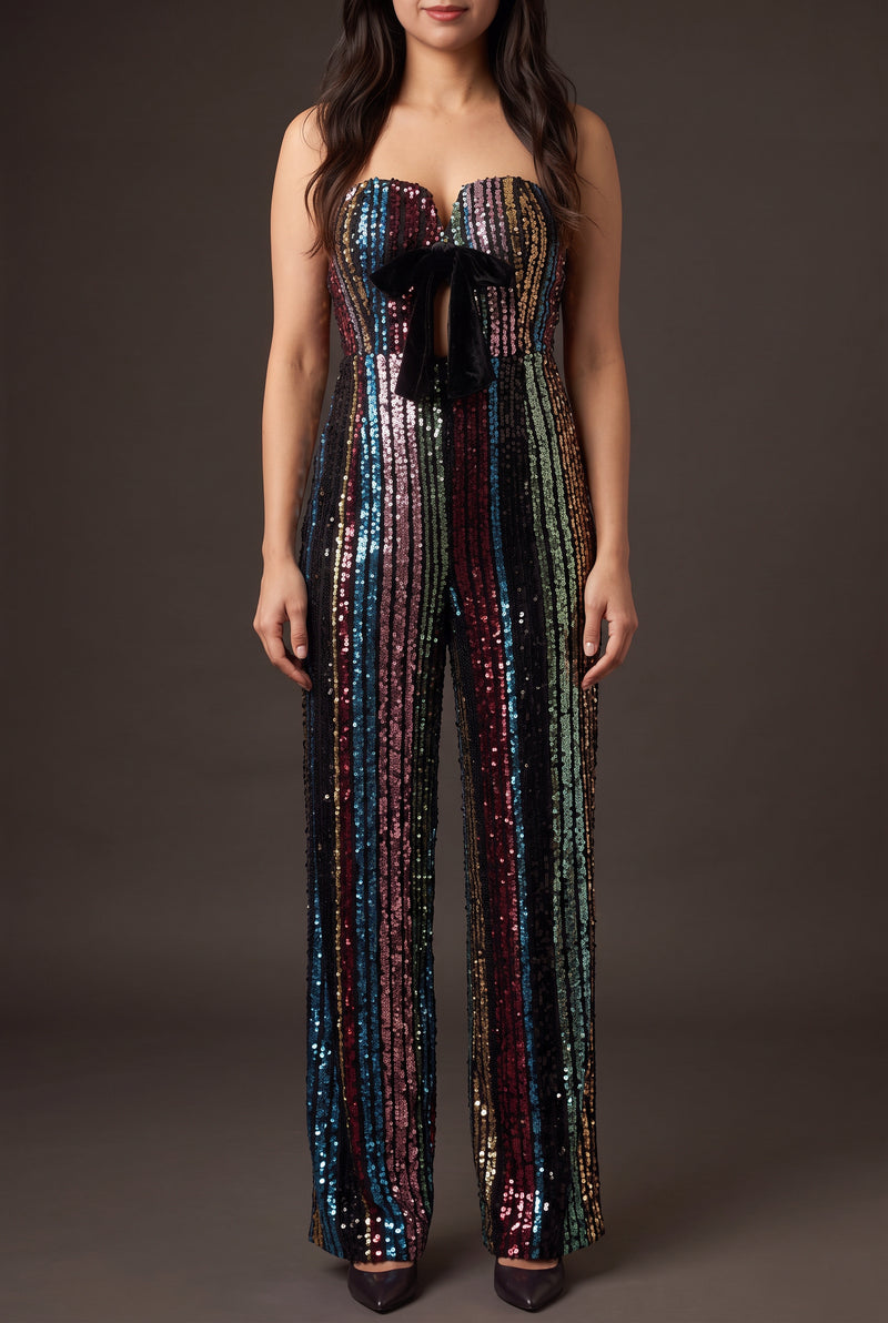 Front fit of the Don't Start Now multicolor sequin jumpsuit in Small on Shweta.