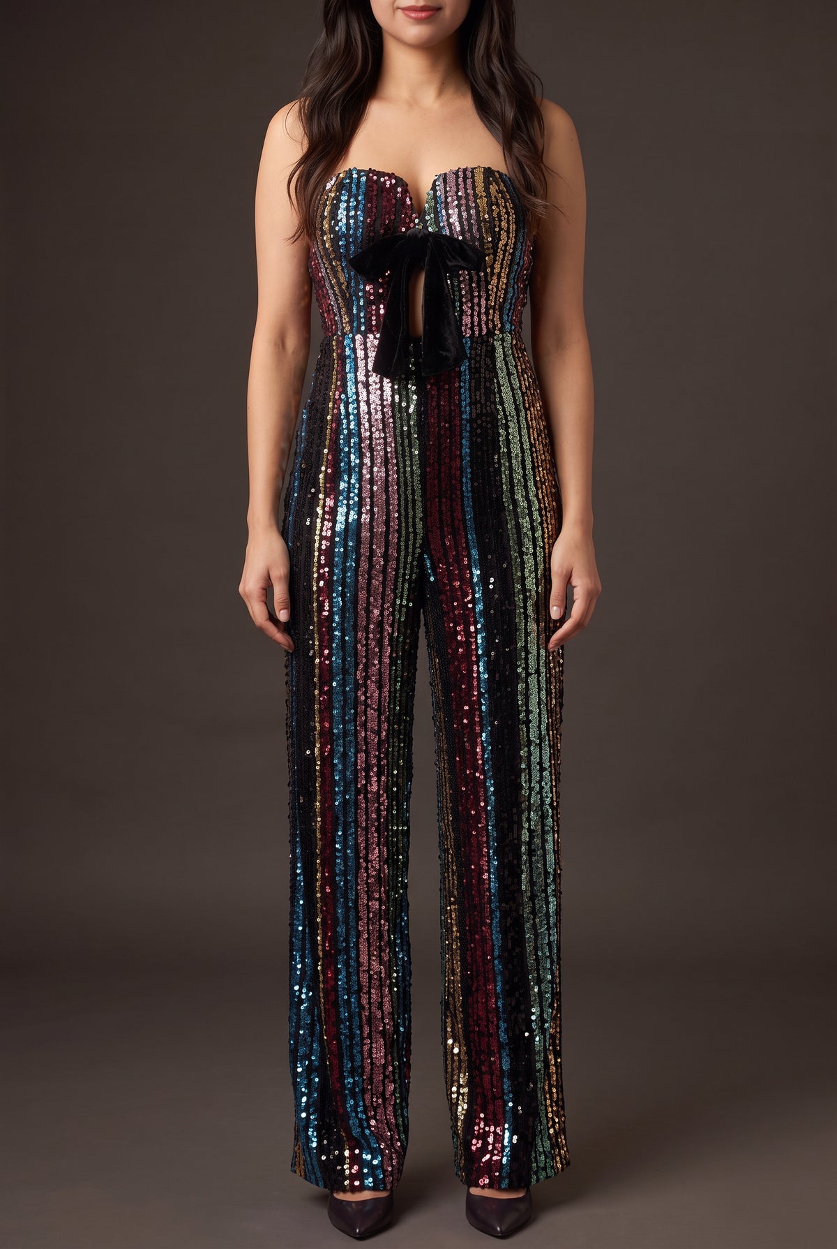 Front fit of the Don't Start Now multicolor sequin jumpsuit in Small on Shweta.