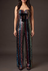 Front fit of the Don't Start Now multicolor sequin jumpsuit in Small on Shweta.