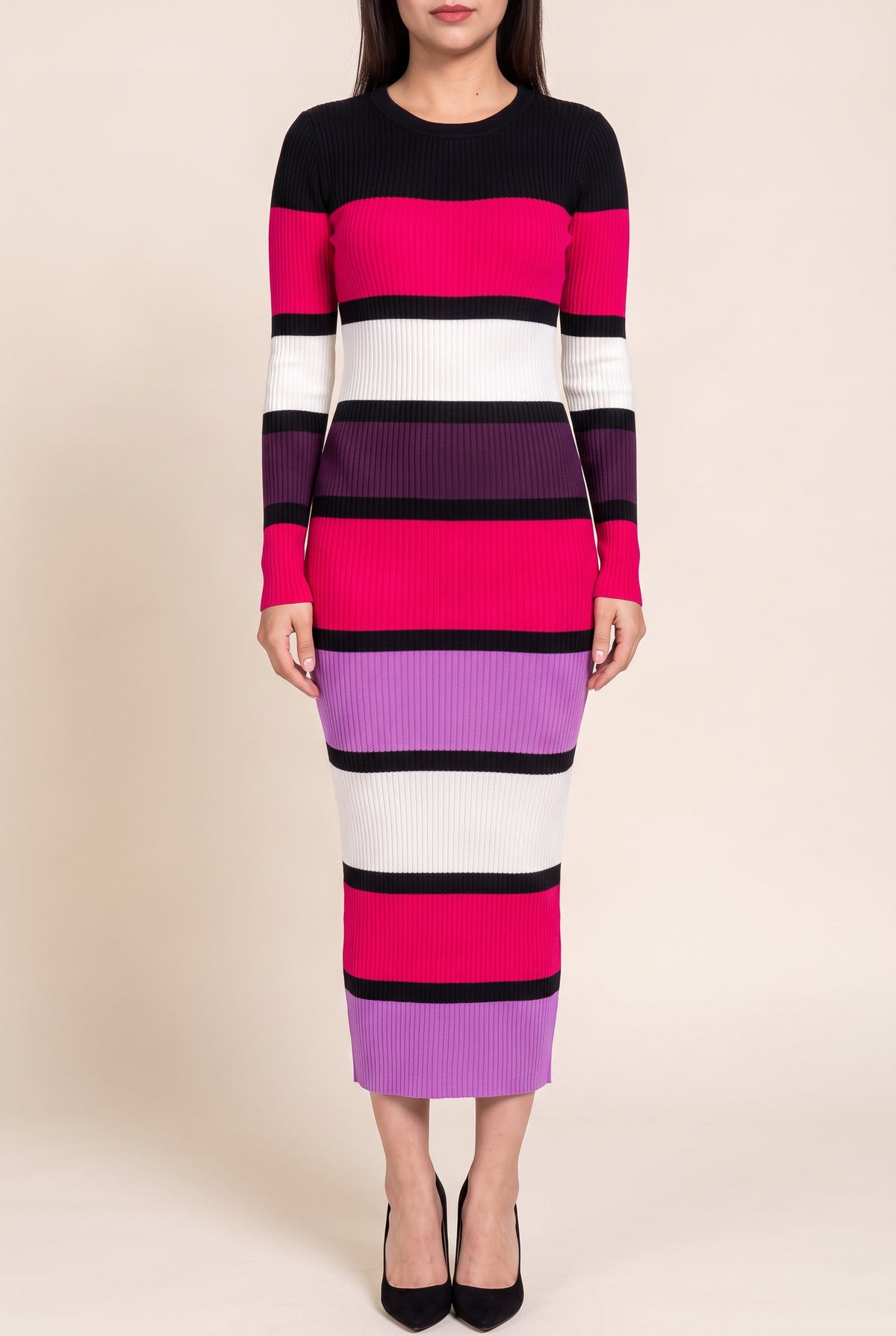 Front fit of the color-block sweater dress in Small showing its fitted near-ankle length.