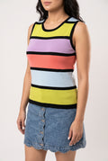 Shallow three-quarter fit of the Calm Down Striped Tank Top showing the armhole and body contour.