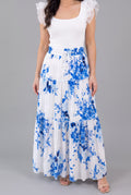 Front fit of the blue floral tiered maxi skirt in Small on Shweta.