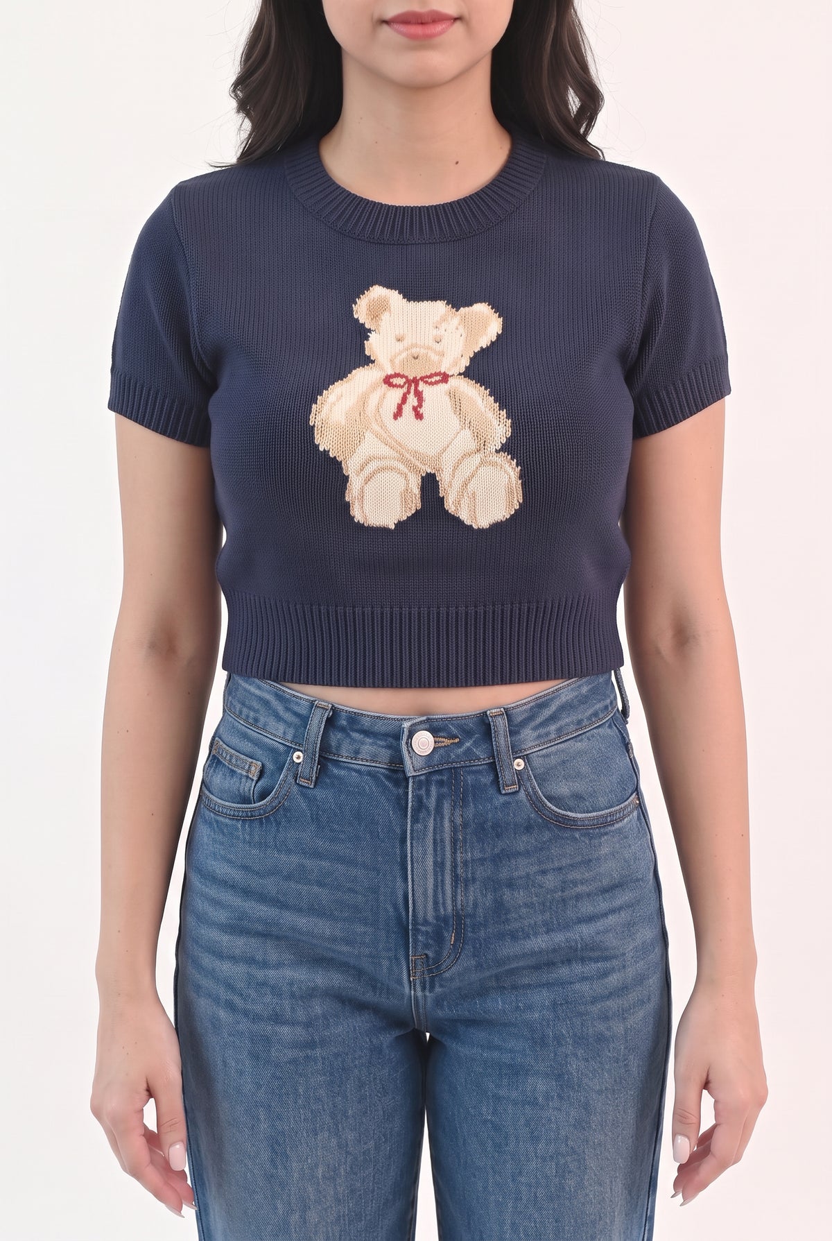 Front fit of the navy teddy bear sweater top in Small with its cropped ribbed hem.