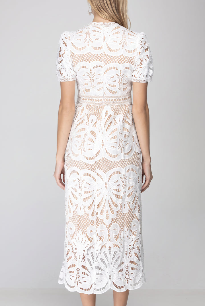 Back fit of the white crochet lace midi dress showing the high back, fitted waist and scalloped skirt.