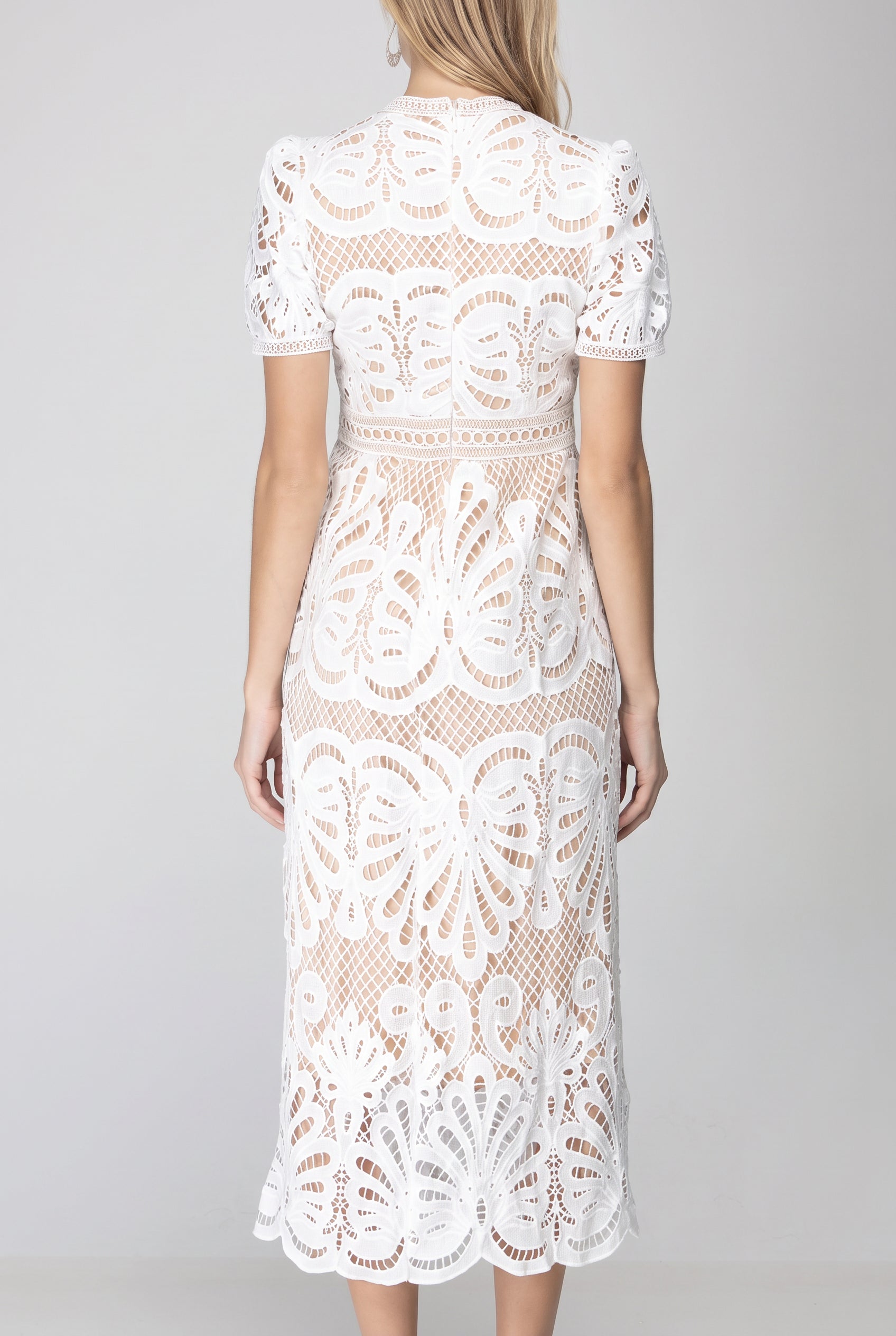 Back fit of the white crochet lace midi dress showing the high back, fitted waist and scalloped skirt.