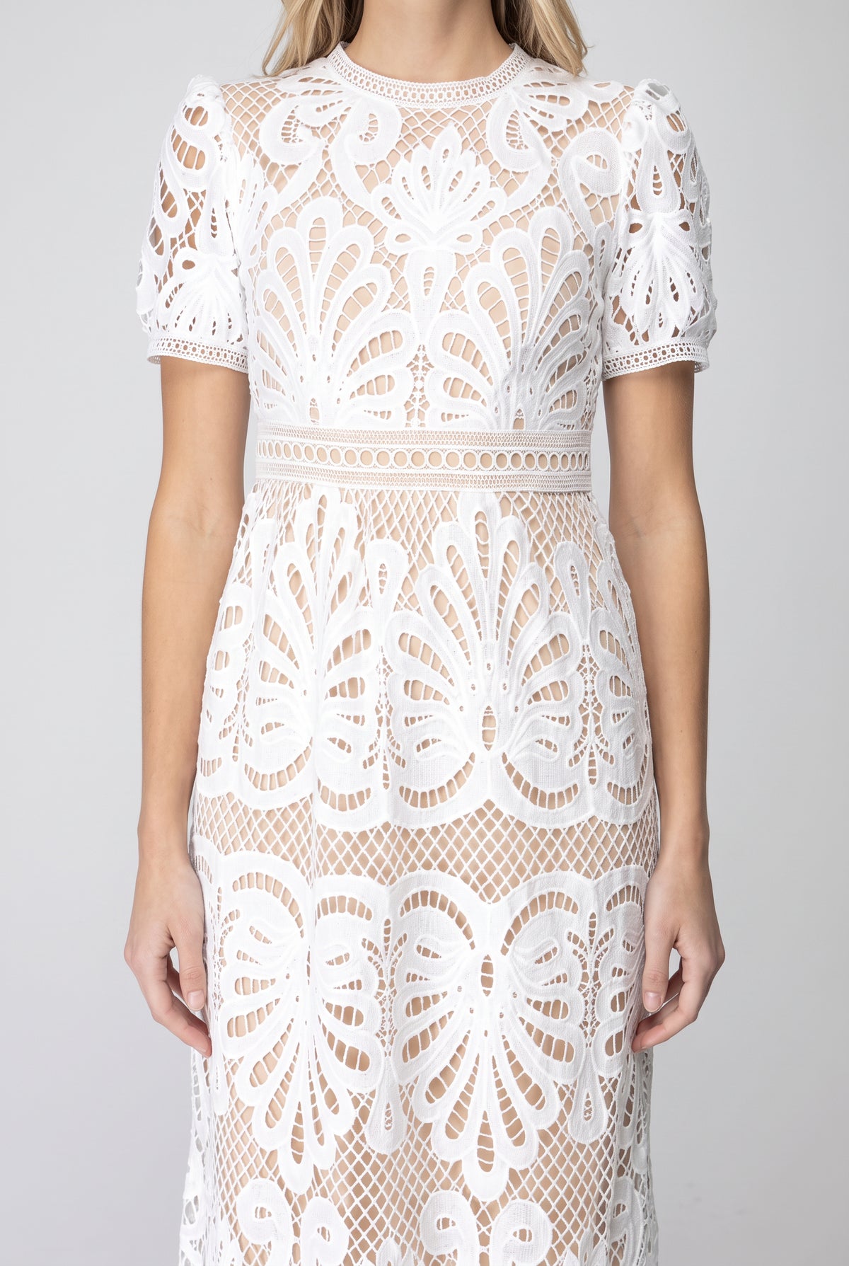 Close view of the white floral lace, open mesh, waist band and nude-toned underlayer.