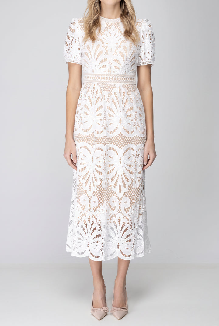 Front fit of the white crochet lace midi dress showing its waist, A-line skirt and scalloped hem.