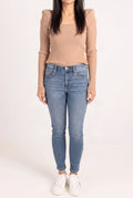 Front fit of Bold Adventures Skinny Jeans showing the waist, pockets and tapered legs.