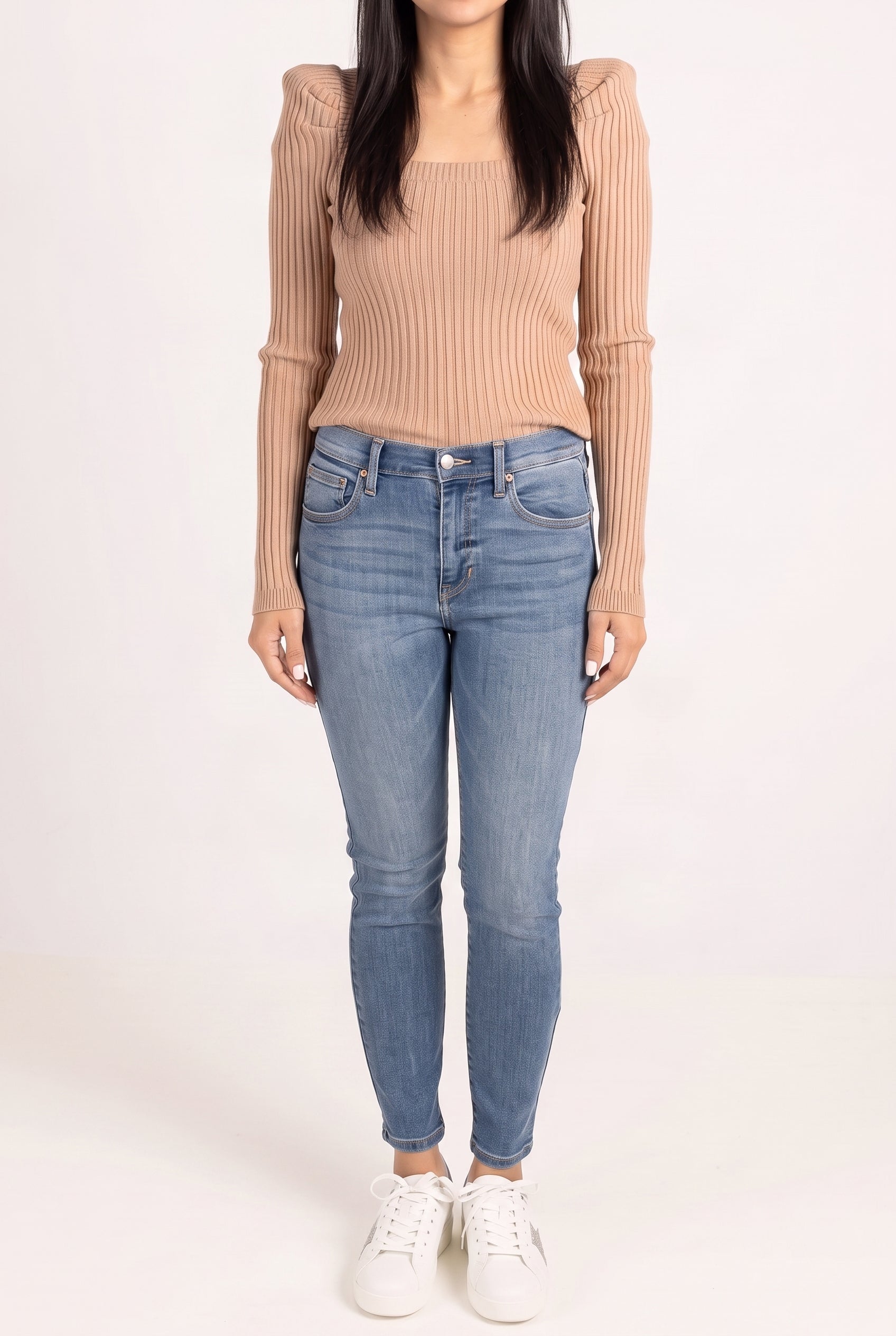 Front fit of Bold Adventures Skinny Jeans showing the waist, pockets and tapered legs.