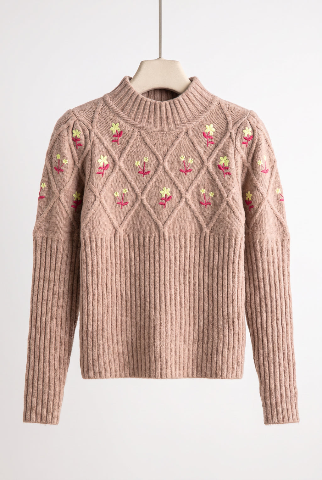 Happy Times Floral Sweater off body showing its natural shape, sleeve length, and straight hem.