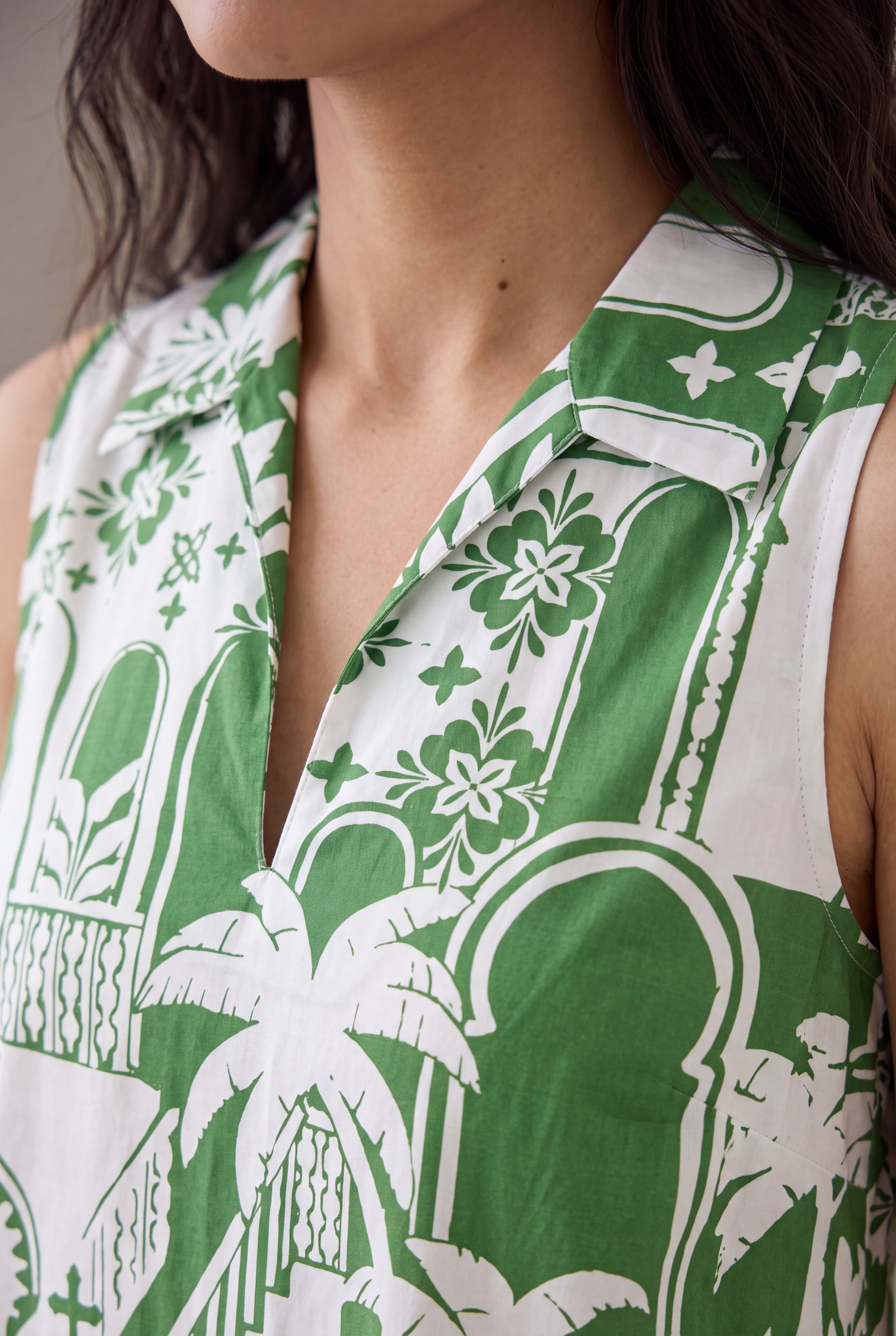 Close detail of the Pick Of The Summer Mini Dress showing cotton weave, print, and collar stitching.