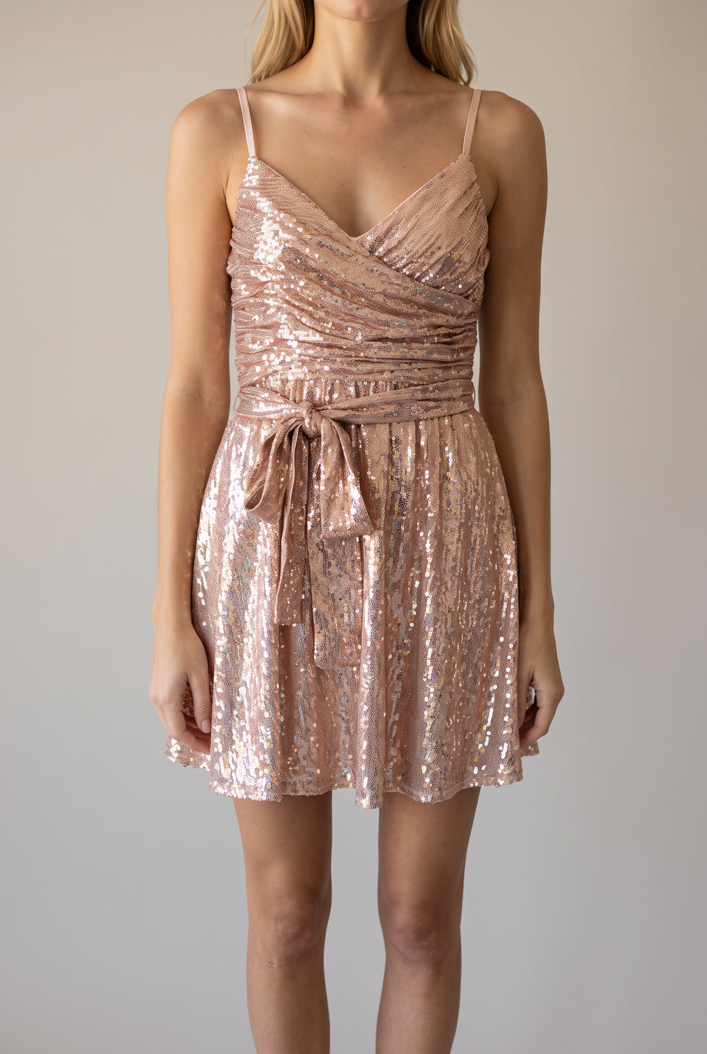 Cheap Thrills Mini Dress in Small, showing the draped neckline, tie waist and mini skater hem.