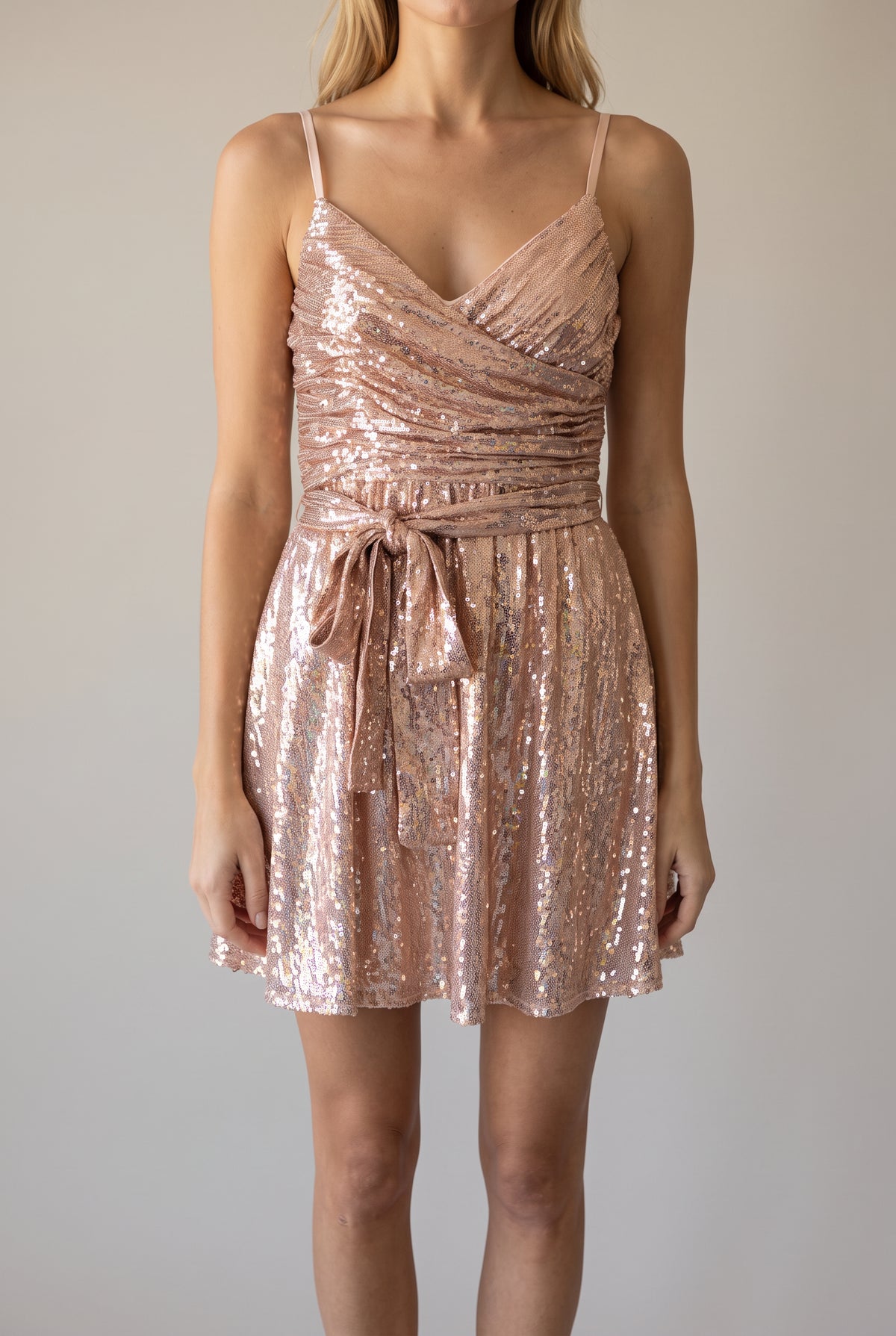 Cheap Thrills Mini Dress in Small, showing the draped neckline, tie waist and mini skater hem.